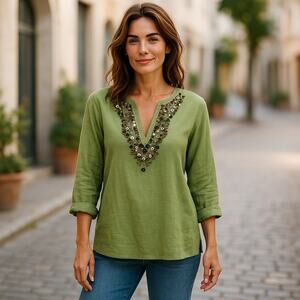 Tweeds Womens Top Size 1X Linen Blend Beaded V-Neck Tunic Sage Green‎